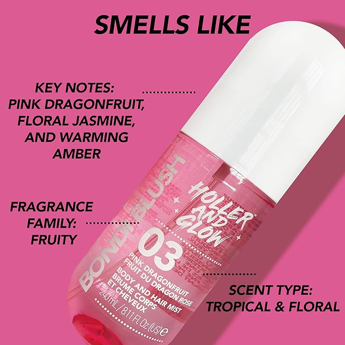 HOLLER AND GLOW Bondi Blush Pink Dragonfruit Body & Hair Mist, Body Spray For Women, Hair Perfume For Women, Jasmine, Amber Scented, Floral & Tropical Fragrance Notes, 8.11 Fl Oz