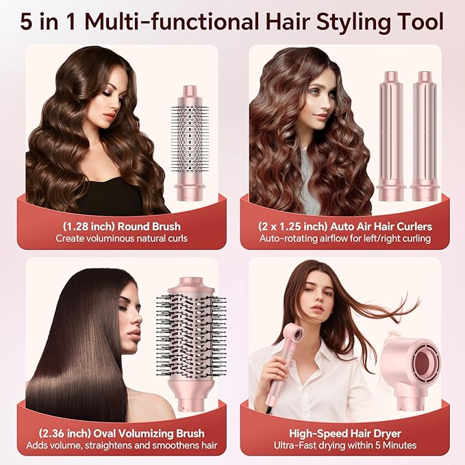 5 in 1 Hot Air Styler, Hair Dryer Brush with Auto Wrap Curling, 110,000 RPM High-Speed Blow Dryer and Air Curler, Frizz-Free Styling for All Hair Types-Straight, Wavy & Curly, No Heat Damage, 1200W