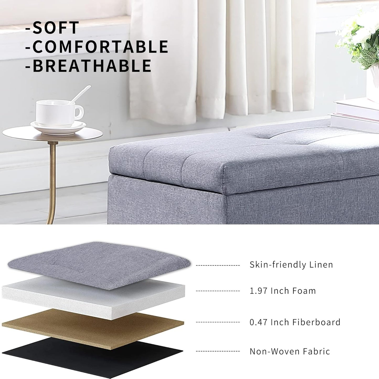 Hinged Storage Ottoman Set of 3, 38'' Living Room Storage Bench with Thick Seating, 2pcs Small Square Dorm Stool Couch Side Foot Rest