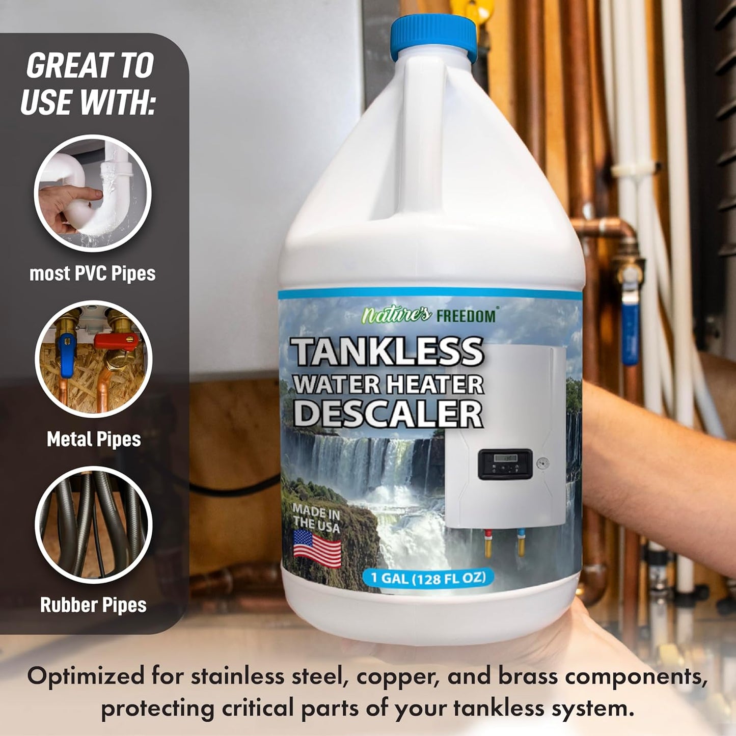 Nature's Freedom Tankless Water Heater Flush Descaler, Gallon (128 oz) – Professional Non-Toxic Descaling Solution, Biodegradable, Made in the USA