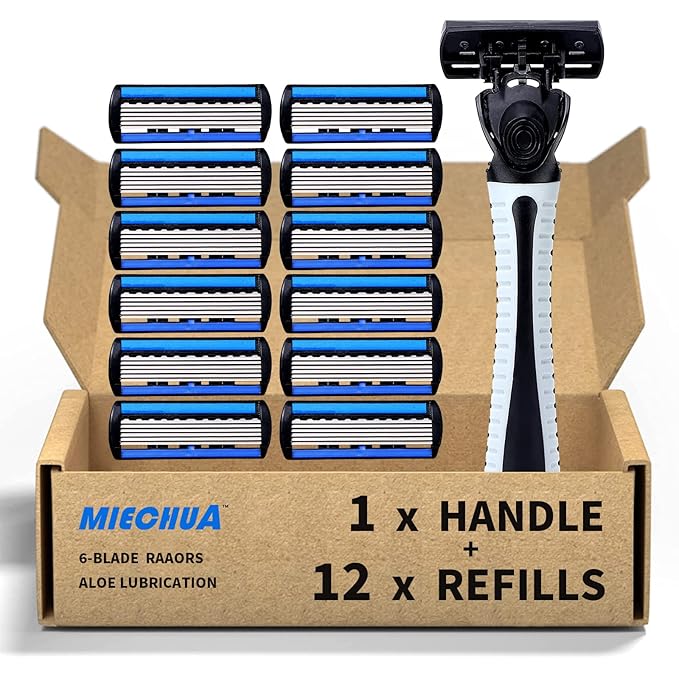 6-Blade Razor,Plastic Anti-slip Men Manual Refill Cartridges razors, Reusable Face Cleansing Care Tool, Shave Supplies for Men and Women - Black
