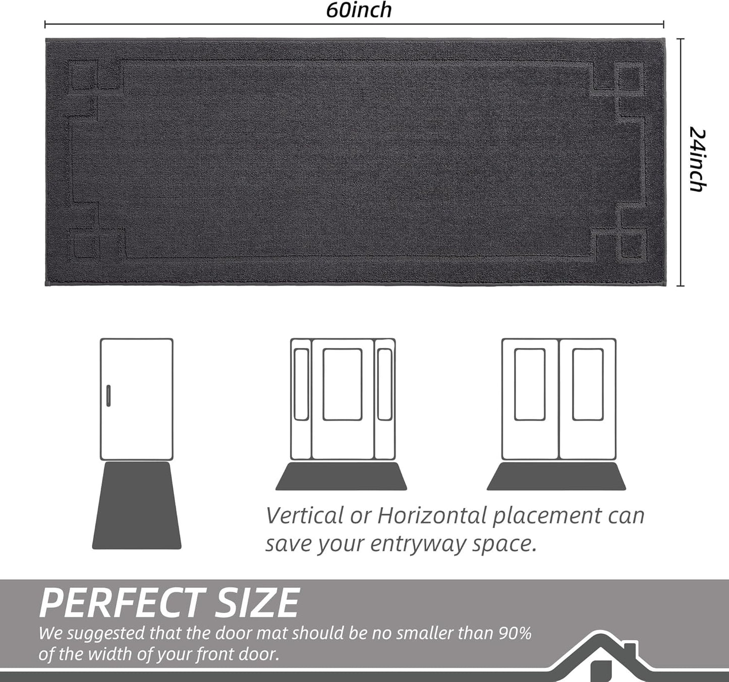 BEQHAUSE Door Mat 24" x 60", Non-Slip Door Mats Indoor Entryway Rugs Washable Low-Profile Absorbent and Stain Resist Floor Mats, Dog Door Mat for Front Back Door, Muddy Wet Shoes & Paws, Dark Grey