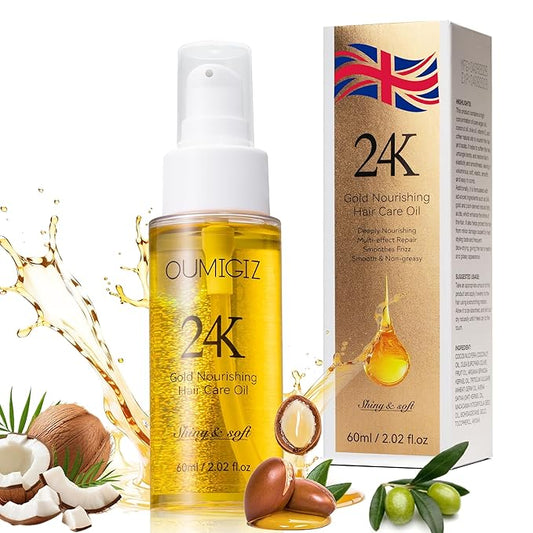 24K Gold Hair Oil Made in the UK – Repair & Shine Serum with Coconut, Argan & Olive Oils – Vegan Heat Protectant, Frizz Control for Dry, Damaged Hair (2.02 Fl Oz (Pack of 1))