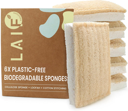 Natural Kitchen Sponges – Eco-Friendly, Compostable Dish Sponges – Loofah & Cellulose Scrubbers – Plastic-Free, Zero-Waste, Biodegradable – Durable, Non-Scratch – Pack of 6