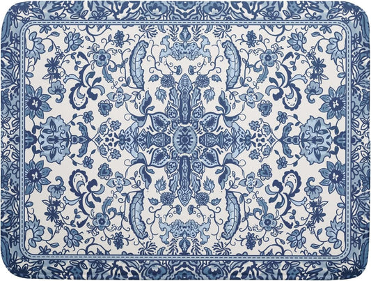 Chinoiserie Floral Dish Drying Mat for Kitchen Counter Blue and White Flowers Pattern Dish Drying Pad 16”x18”Absorbent Reversible Seasonal Decor Dishes Drainer Pad Dish Dry Rack Mat for Counter top
