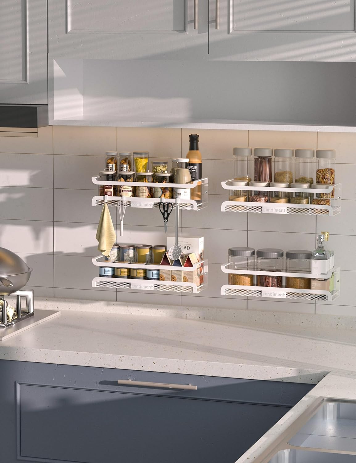 Spice Rack Wall Mount with Hooks - Spice Racks Organizer for Cabinet Storage, Wall Mounted Hanging Shelf Seasoning Organizer, for Kitchen, Pantry Door, Bathroom (White, 2 Pack)