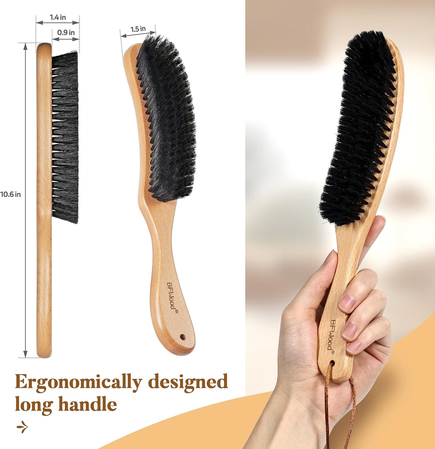 BFWood Clothes Brush - Boar Bristle Hat Brush Lint Brush for Suits, Cashmere, Wool, Velvet, Suede and Pet Hair - Large Beech Handle