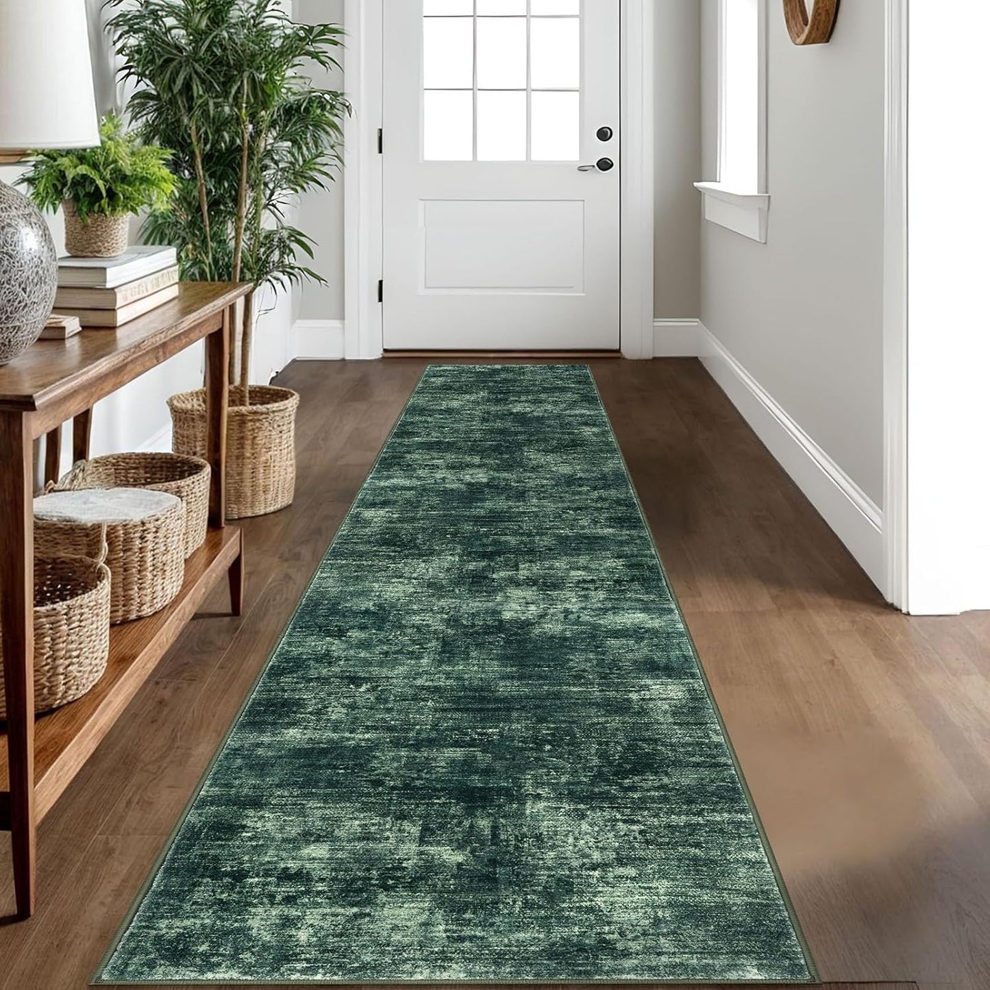 IOHOUZE Abstract Runner Rug 2x10 Ft Washable Runners for Hallways, Non Slip Kitchen Runner Printed Faux Wool Entryway Runner Indoor, Modern Abstract Floor Carpet for Hall Kitchen, Dark Green