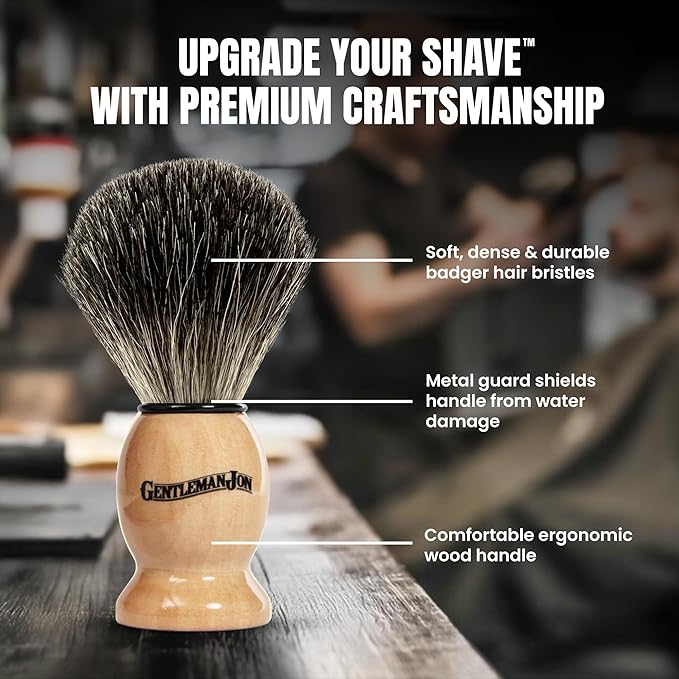 Gentleman Jon 100% Black Badger Hair Shaving Brush for Men – Premium Ergonomic Shave Lather Brush for Wet Shave Using Shaving Cream & Soap – Ideal for Safety Razor, Double Edge Razor, Straight Razor