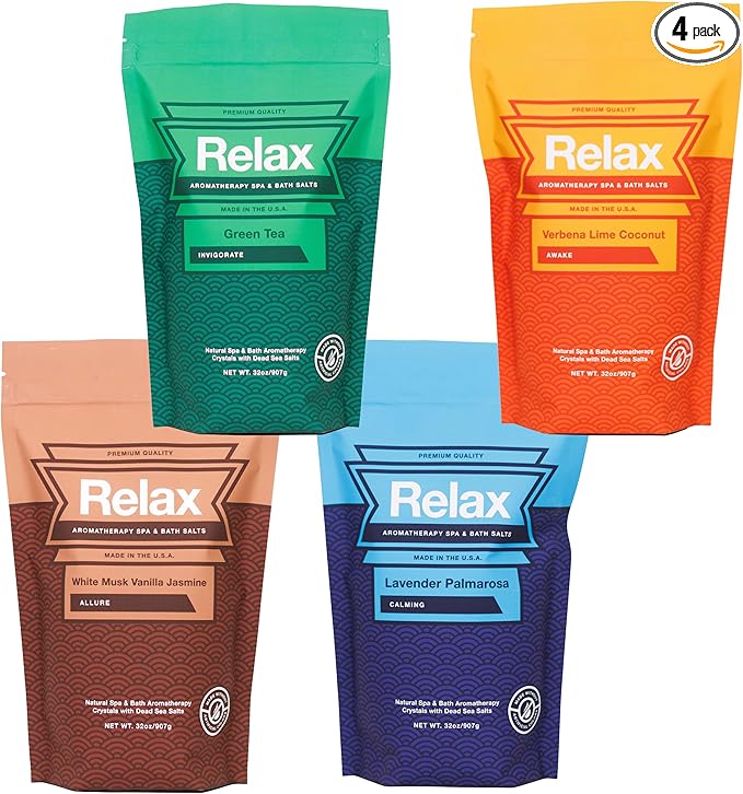 Relax Spa & Bath, Epsom & Dead Sea Salts, Aromatherapy Bath Salts for Hot Tub, Bath, or Spa, Infused with Magnesium, 4 Pack, Escape Therapy