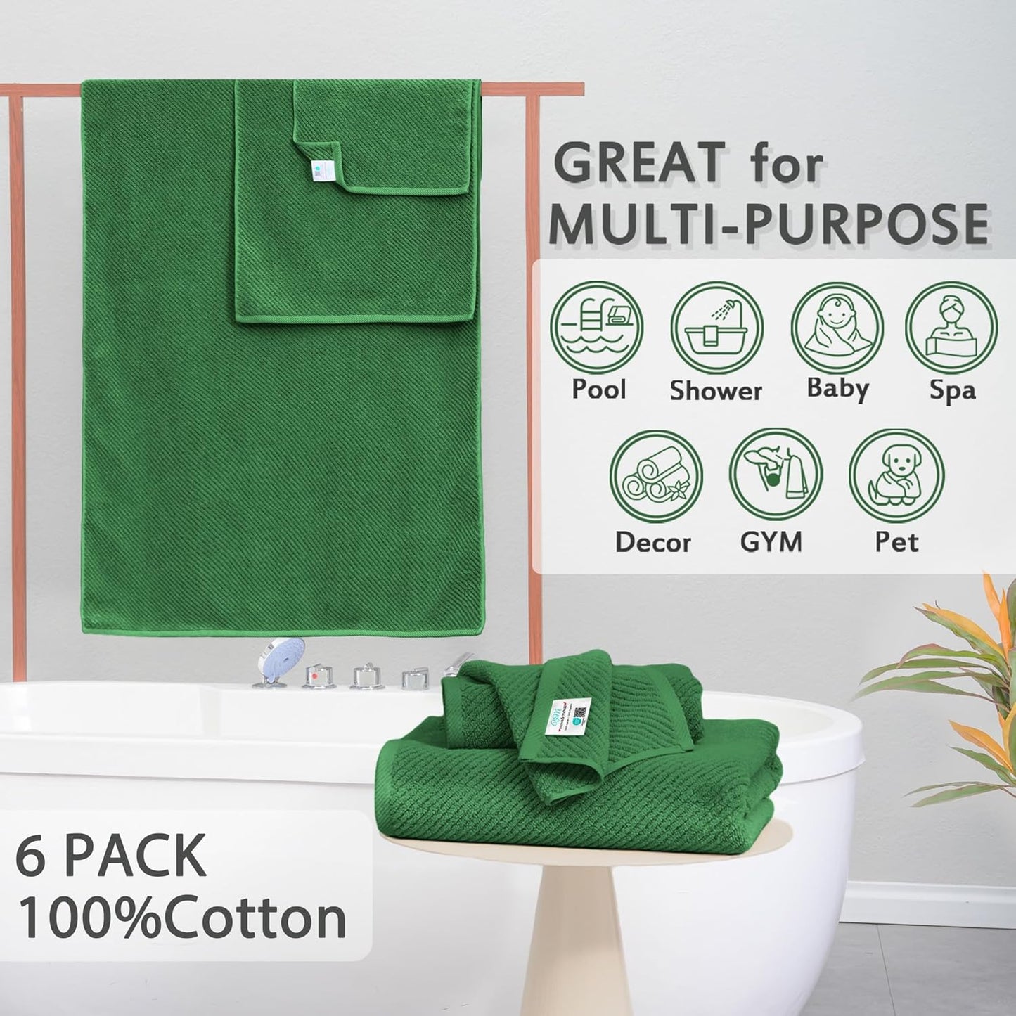 Green Towels, 6 Piece Towels Set - Cotton | Quick Dry | Thick | Lightweight | Soft, 2 Large Bath Towels 30"x56", 2 Hand Towels 18"x28", 2 Washcloths 13"x13", Luxury Towel Gift, Hunter Green