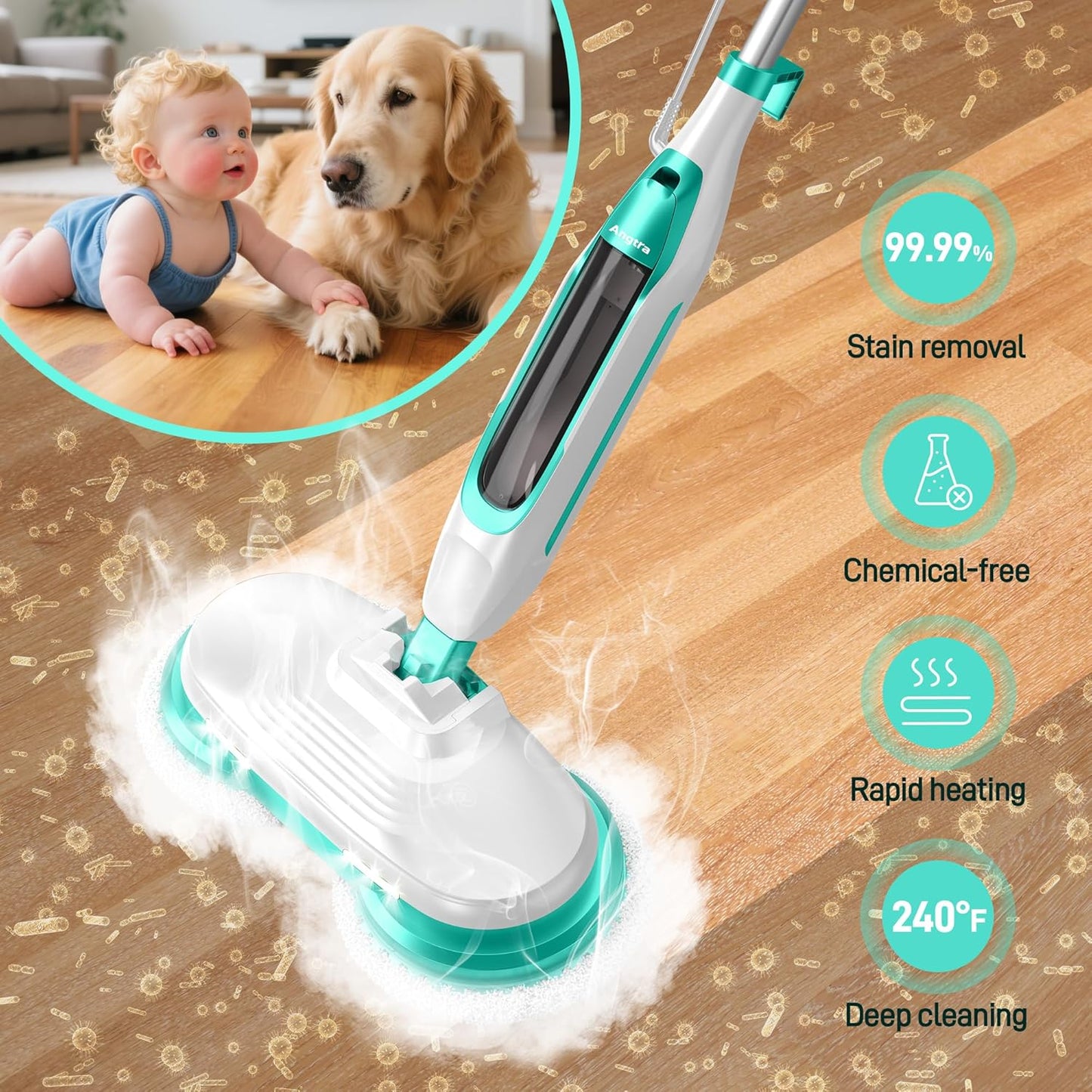 Scrubbing Steam Mop with Rotating Mop Pads, All-in-One Hard Floor Cleaner with LED Headlights, Steam & Spin Control, 6 Soft Scrub Pads, Swivel Steering, FS07