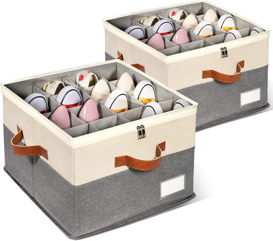 2 Pack Shoe Organizer for Closet, Adjustable Shoe Box Storage Containers, Large Foldable Shoe Bins with Clear Cover, Space Saving Shoes Holder with 4 Handles, Fits 16-32 Pairs, Beige