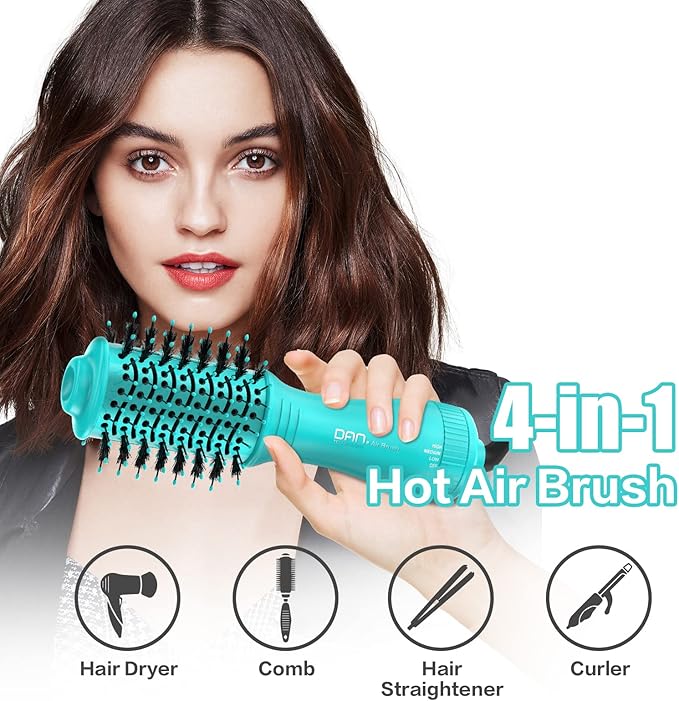 Dan Technology Blow Dryer Brush Hair Dryer Brush Hot Air Blowout Brush 120V 3 Speeds Oval Shape Volumizer Straightener Brush Faster Drying Mini Size Lightweight (Cyan)