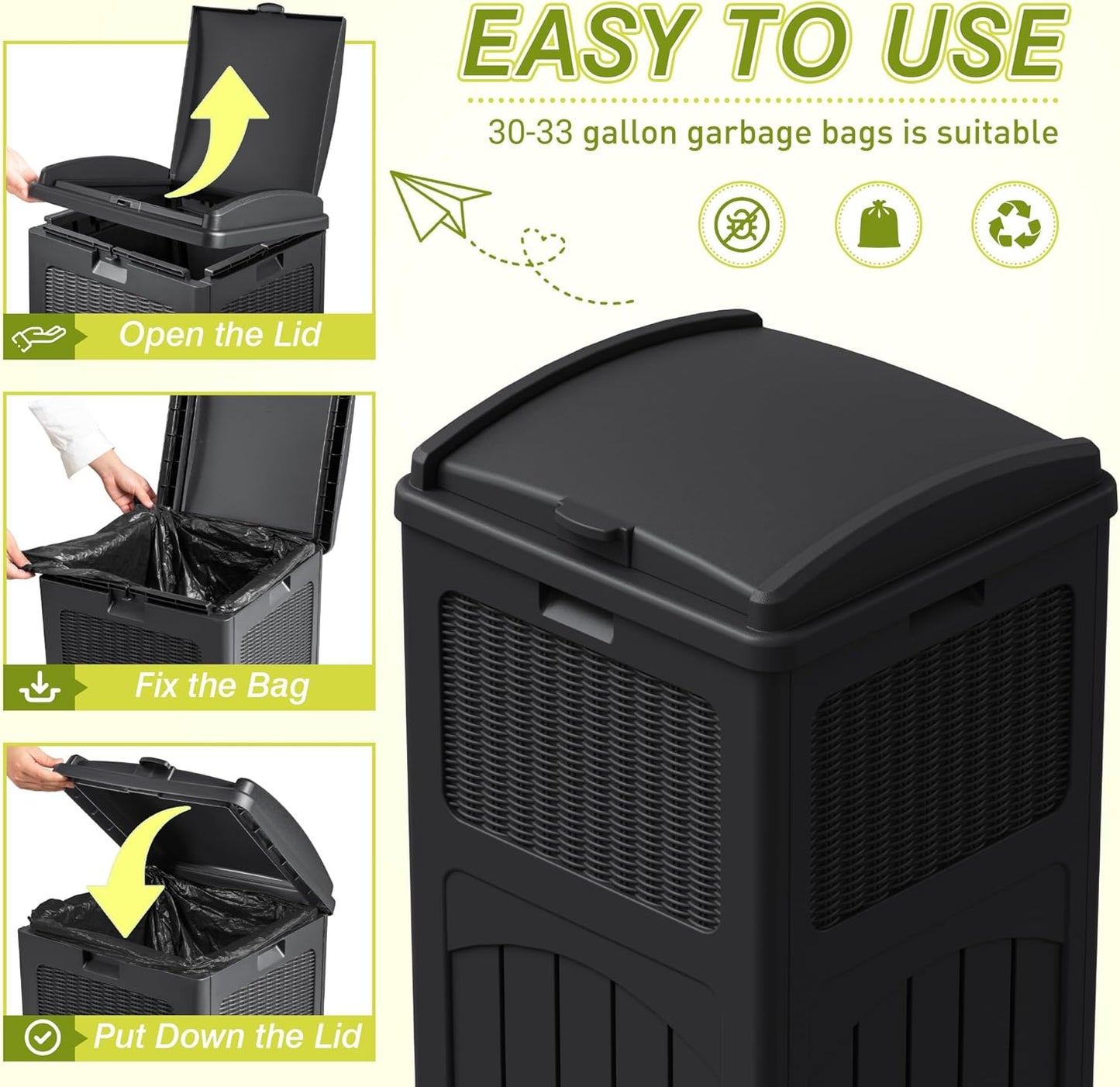 Greesum 33 Gallon Outdoor Trash Can with Lid, Waterproof Resin Garbage Bin for Hideaway, Deck, Patio, Dark Black