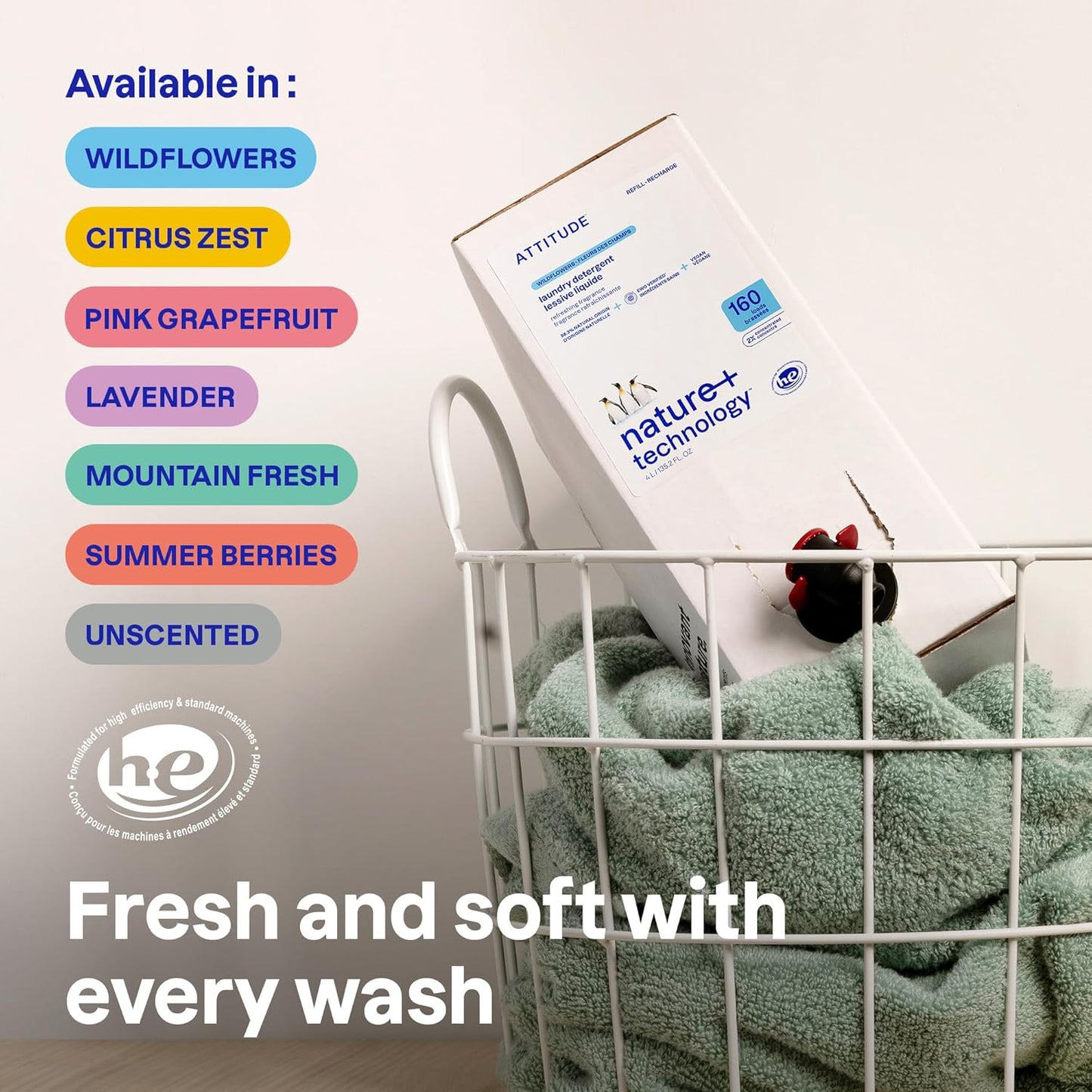 ATTITUDE Liquid Laundry Detergent Refill, EWG Verified, HE Compatible, Plant-Based & Vegan, Natural Laundry Soap, Mountain Fresh Scent, 160 Loads, 135.26 Fl Oz