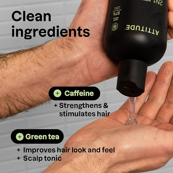 ATTITUDE Men's Shampoo and Conditioner 2-in-1, Fortifying For Fragile Hair, With Caffeine and Green Tea, 97% Natural Origin Ingredients, EWG Verified, Matcha & Bergamot, 14 Fl Oz (Pack of 3)