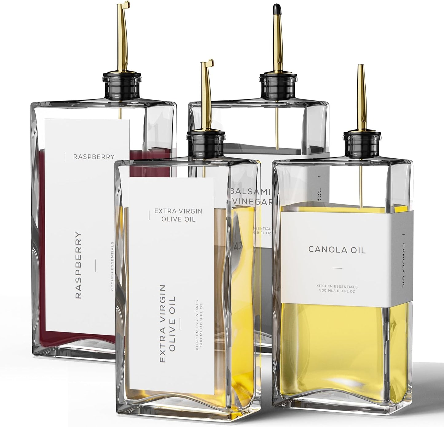 Olive Oil Dispenser for Kitchen, 16.9 oz/ 500 ml Olive Oil Dispenser Bottle, Glass Oil Bottles for Kitchen with 8 Stainless Steel Pourers, 40 Labels, 4 Pcs, Gold