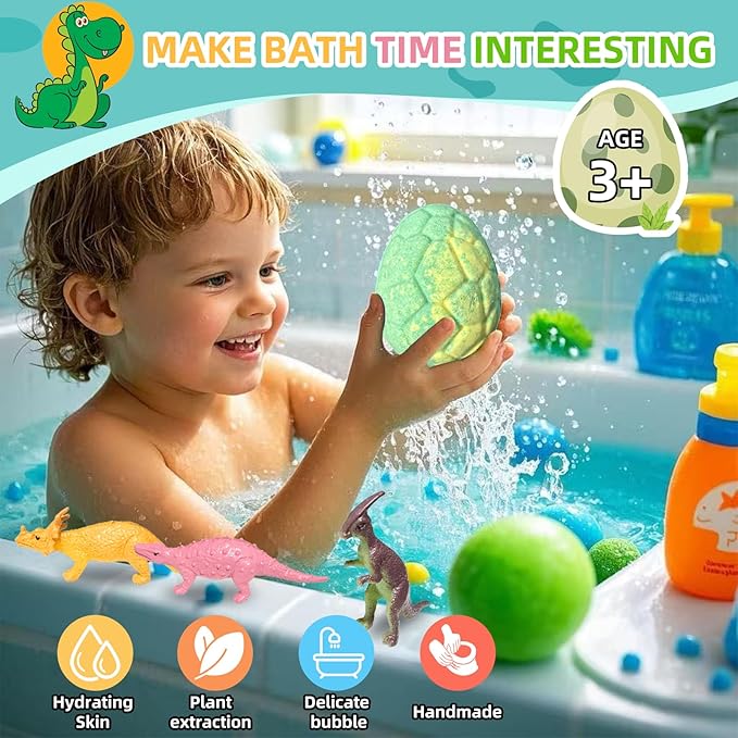 6 Pack Natural and Organic Dinosaur Bath Bombs Bubble Bath Gift Set, Bath Bombs for Kids with Dinosaur Toys Inside, Perfect Birthday Gifts for Kids（6pcs, 90g）