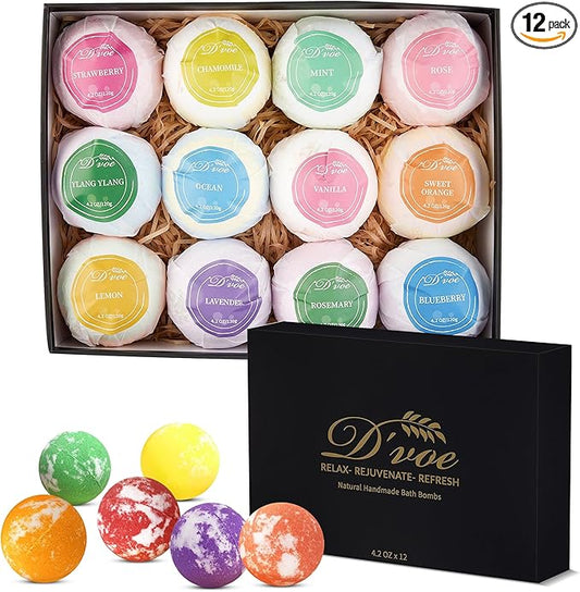 Bath Bombs Gift Set, XXL 4.2oz 12Pcs. All Natural Handmade Bathbombs With Organic Essential oils, Moisturizing Shea Butter/ Bath Salts for Relaxation/ Stress Relief .Great for any Occasions