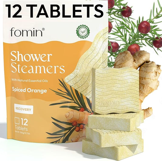 FOMIN Aromatherapy Shower Steamers - 12 Count - Spiced Orange Bath Bombs with Essential Oils for Stress Relief & Relaxation - Self Care, Spa Gifts for Women and Men - Shower Aroma for Body Wellness