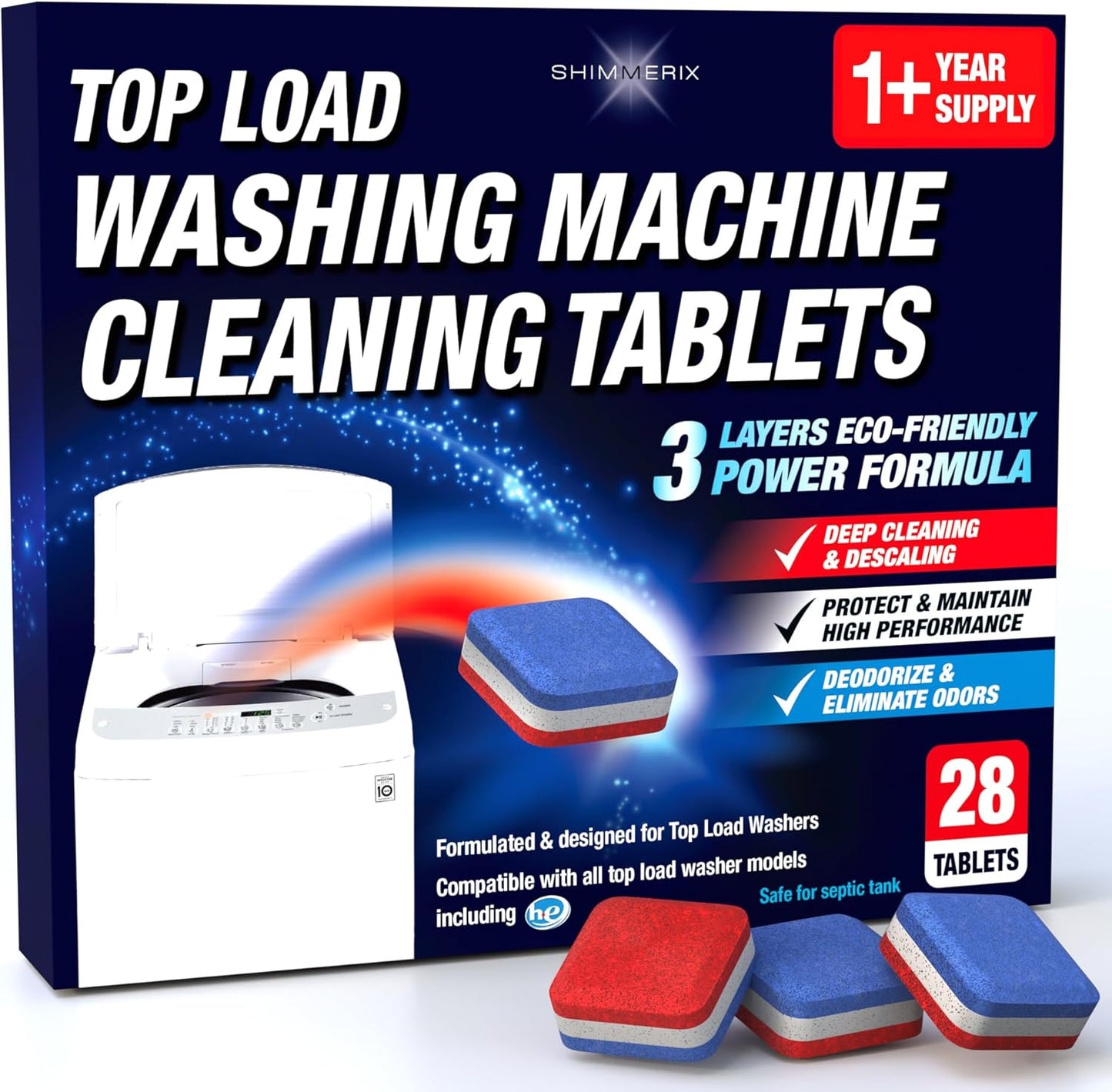Washing Machine Cleaner Tablets 28 Pack for HE Top Load - Eco Friendly Washer Machine Cleaning Tablets - 3 Layers Septic Safe Wash Machine Full Deodorizer Descaler Protector - 1 Plus Year Supply