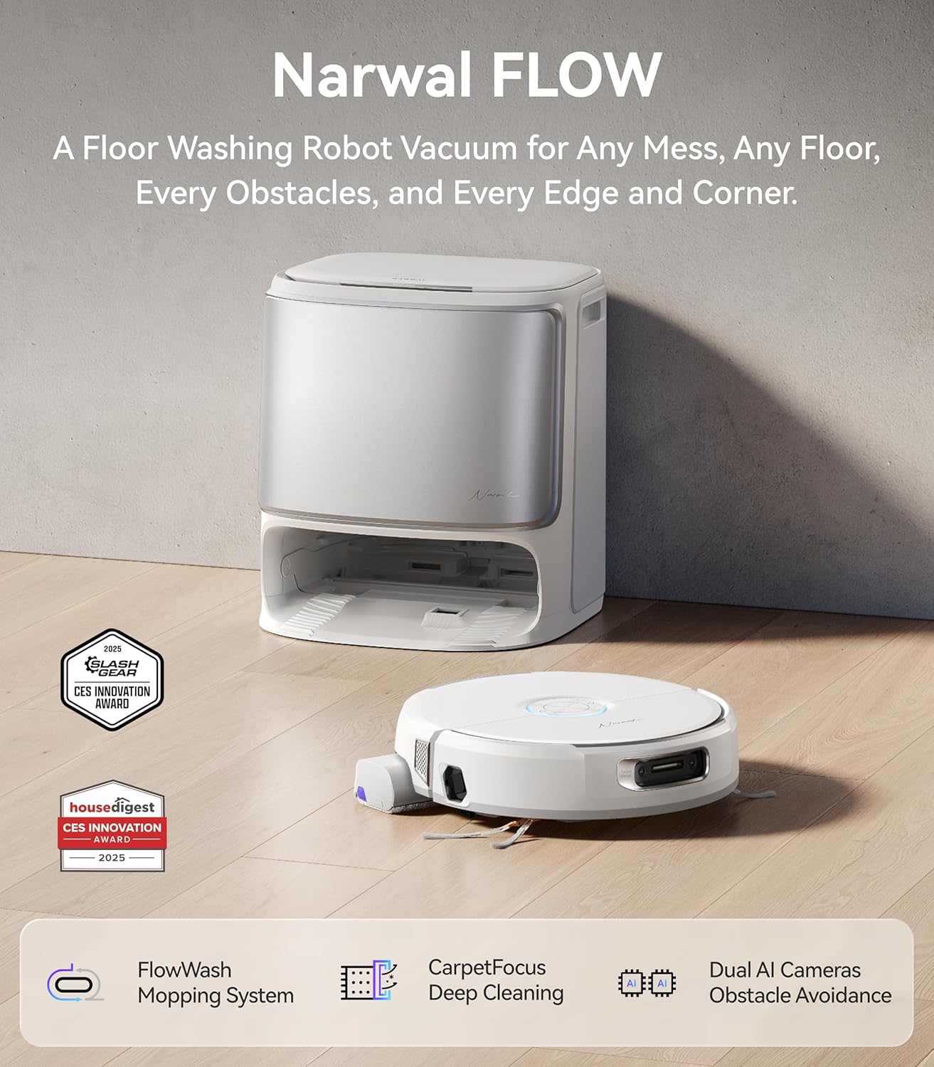 NARWAL Flow Robot Vacuum and Mop Combo, FlowWash Real-Time Self-Cleaning Track Mop, 22,000 Pa Suction, Dual-Camera AI Obstacle Avoidance, Carpet & Edge Cleaning, Self-Emptying Robot Vacuum