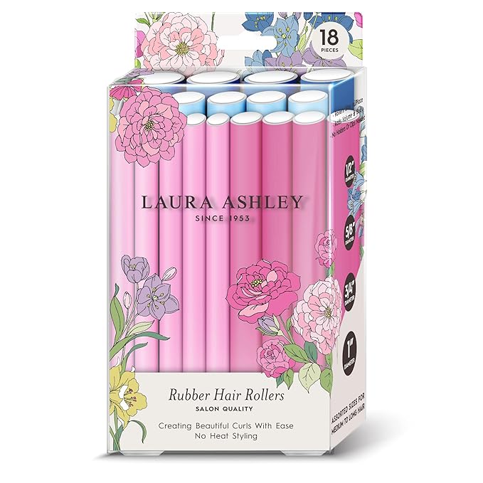 Laura Ashley Flexi Rods Foam Hair Rollers 18 pcs 1/2", 5/8", 3/4", 1" Professional Salon Quality Rubber Hair Rollers for Long, Medium and Short Hair Assorted Colors