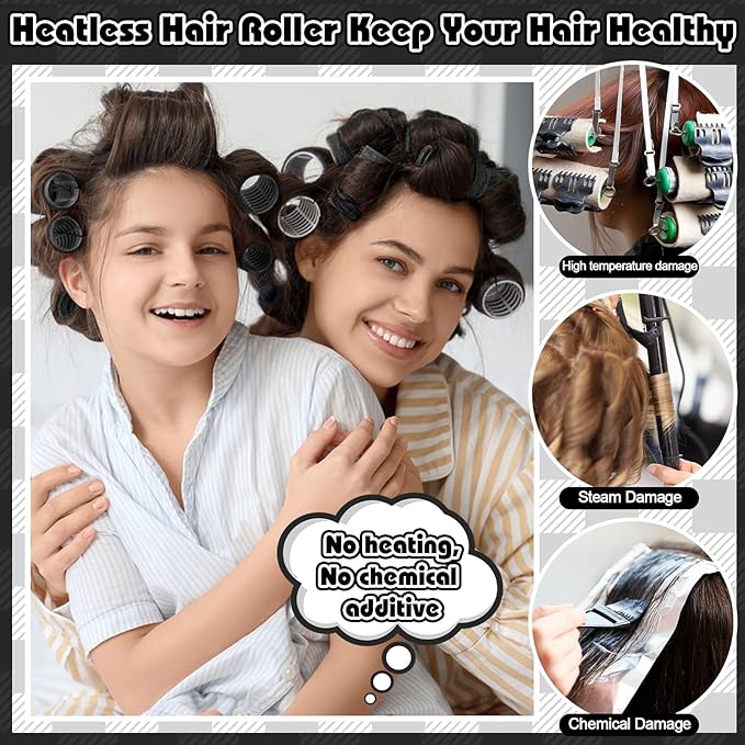 64 Pcs Self Grip Hair Rollers Set, 5 Sizes Rollers Hair Curlers with Clips Comb for Long Short Hair (60 48 40 32 20mm), Black