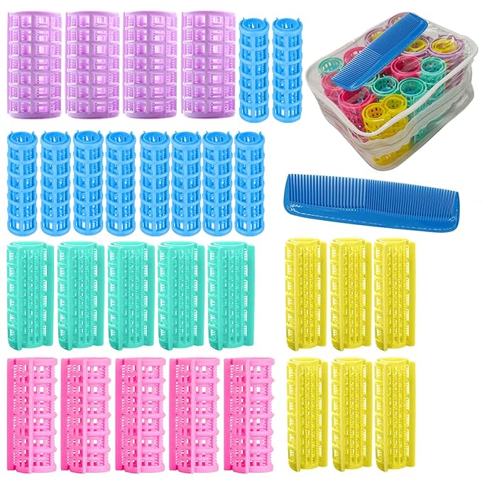 30Pcs Plastic Hair Curlers Rollers Set, Snap on Rollers Self Grip Hairdressing Curlers Hair Curlers No Heat Hair Rollers for Long Medium Short Thin Fine Hair with Mini Comb (5 Sizes)