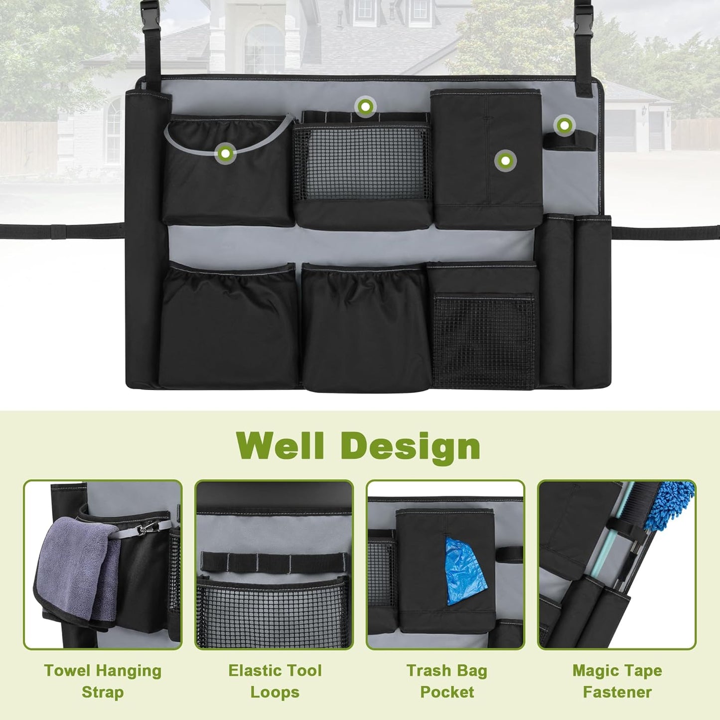 32-55 Gallon Trash Can Caddy Bag, Garbage Bin Apron Caddy with Multiple Pockets for Cleaning Supplies, Cleaning Tool Organizer with Adjustable Buckle for Janitorial Trash Can, Black+Gray