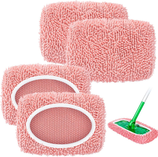 4 Pack Reusable Mop Pads Compatible with Swiffer Sweeper, Microfiber Chenille Washable Swiffer Mop Pads, Dry & Wet Sweeping Mopping Cloths (Pink)