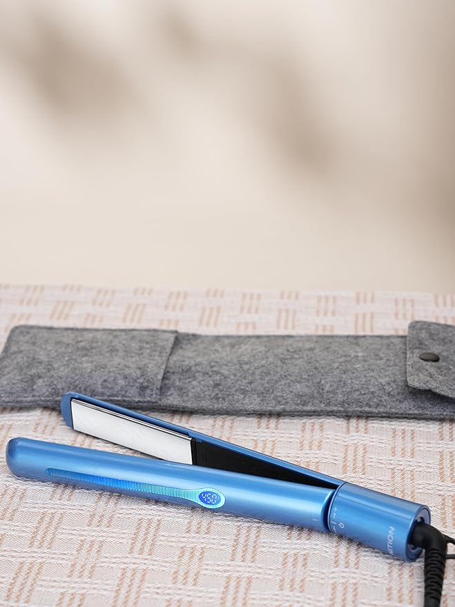 NITION Nano Titanium Hair Straightener 1" Heating Plate Smooth Straightening Flat Iron for Hair. LCD 265-450°F Adjustable for All Hair Type. Travel Pouch Bag Included. MCH Fast Heating Up. Blue