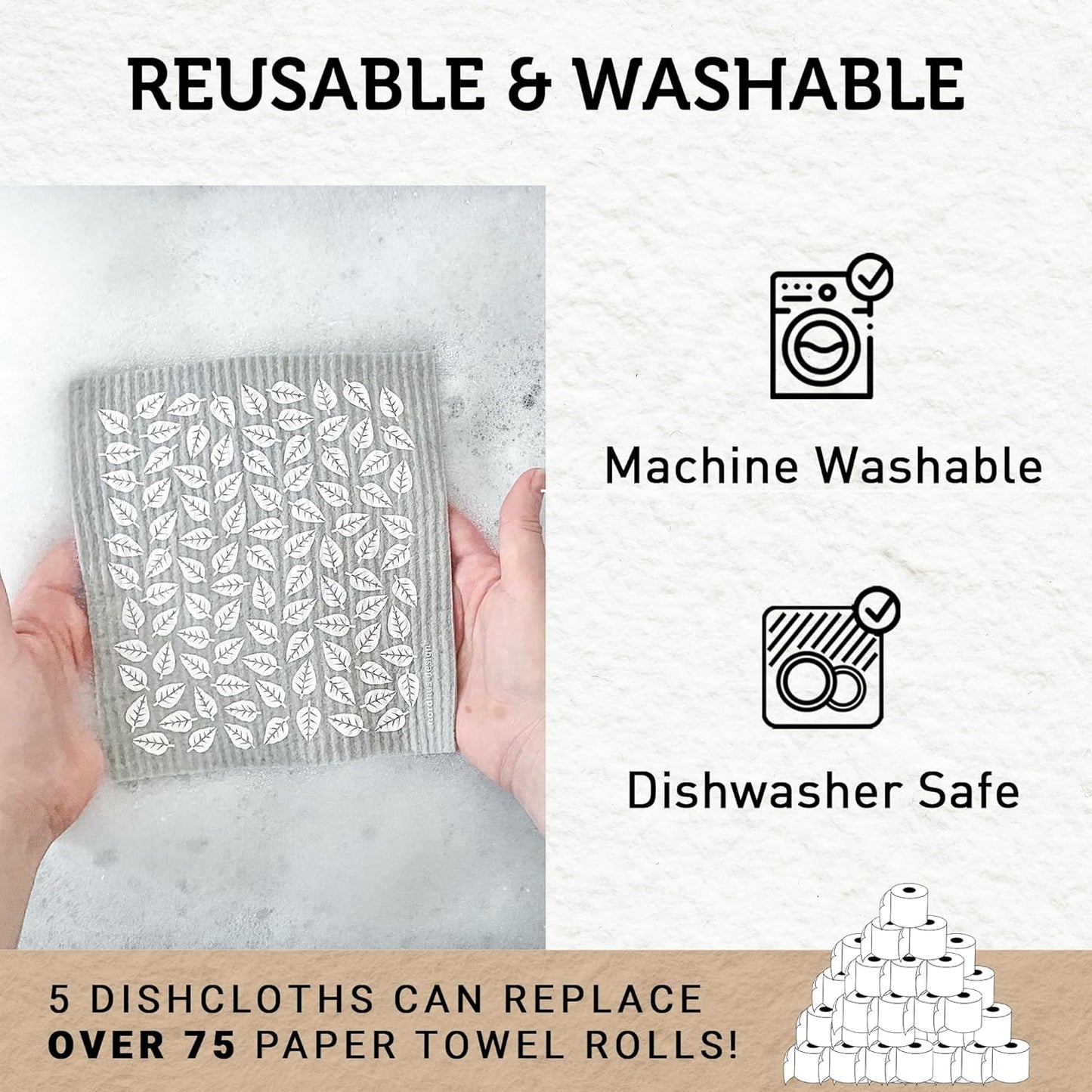 Nordhus Design Swedish Dishcloths, 5 Cloths, Made in Sweden - Reusable, Washable Cellulose Cotton Kitchen Cloths - Replace Paper Towels, Wipes, Sponges, Dish Rags
