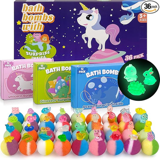 Bath Bombs for Kids with Toy Inside, 36 Pcs Bath Bombs with Glow in The Dark Dinosuar, Animal and Ocean Surprise Inside, Handmade Organic Bubble Bath Ball Gift Set for Birthday, Easter, Christmas