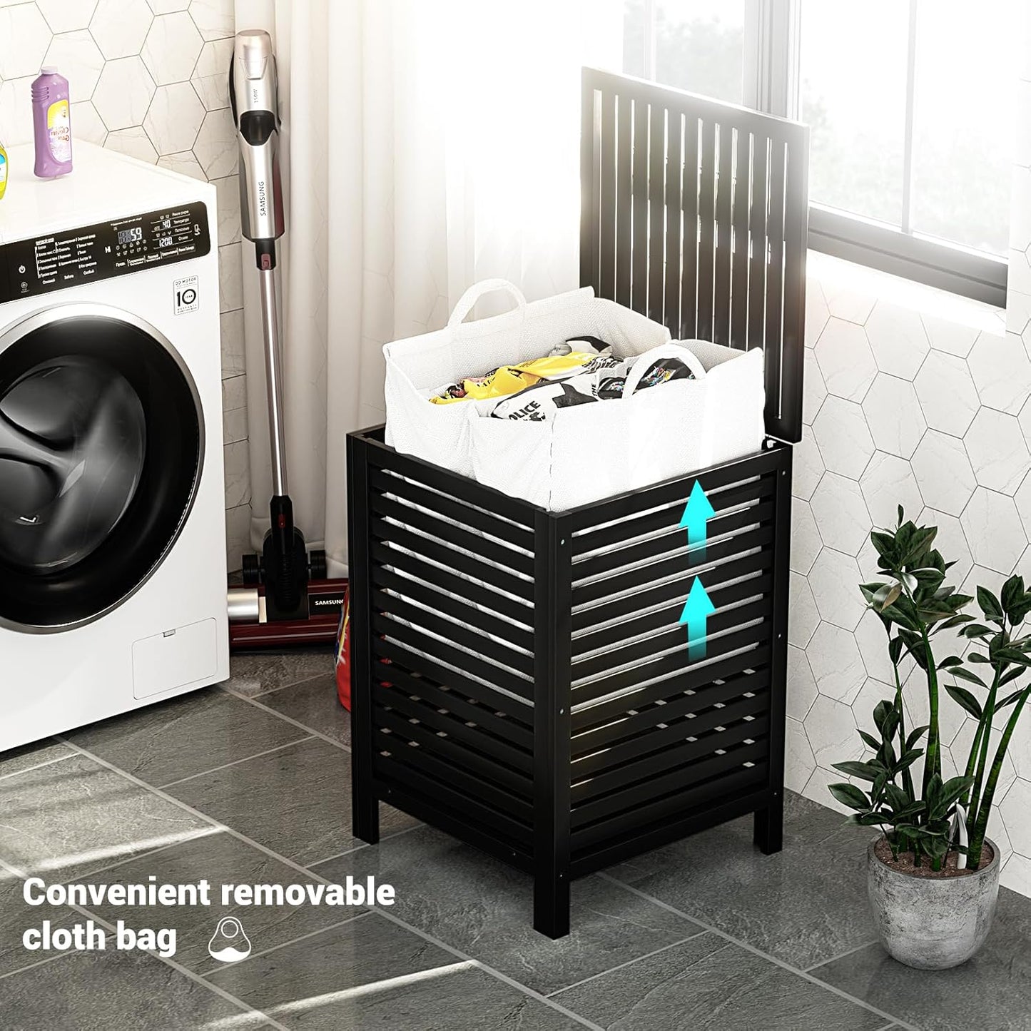 Homykic Bamboo Laundry Hamper with Lid, 120L Large Clothes Laundry Sorter with Removable 2-Section Liner Bag, Raised Laundry Basket Organizer for Clothing, Bathroom, Bedroom, Laundry Room, Black