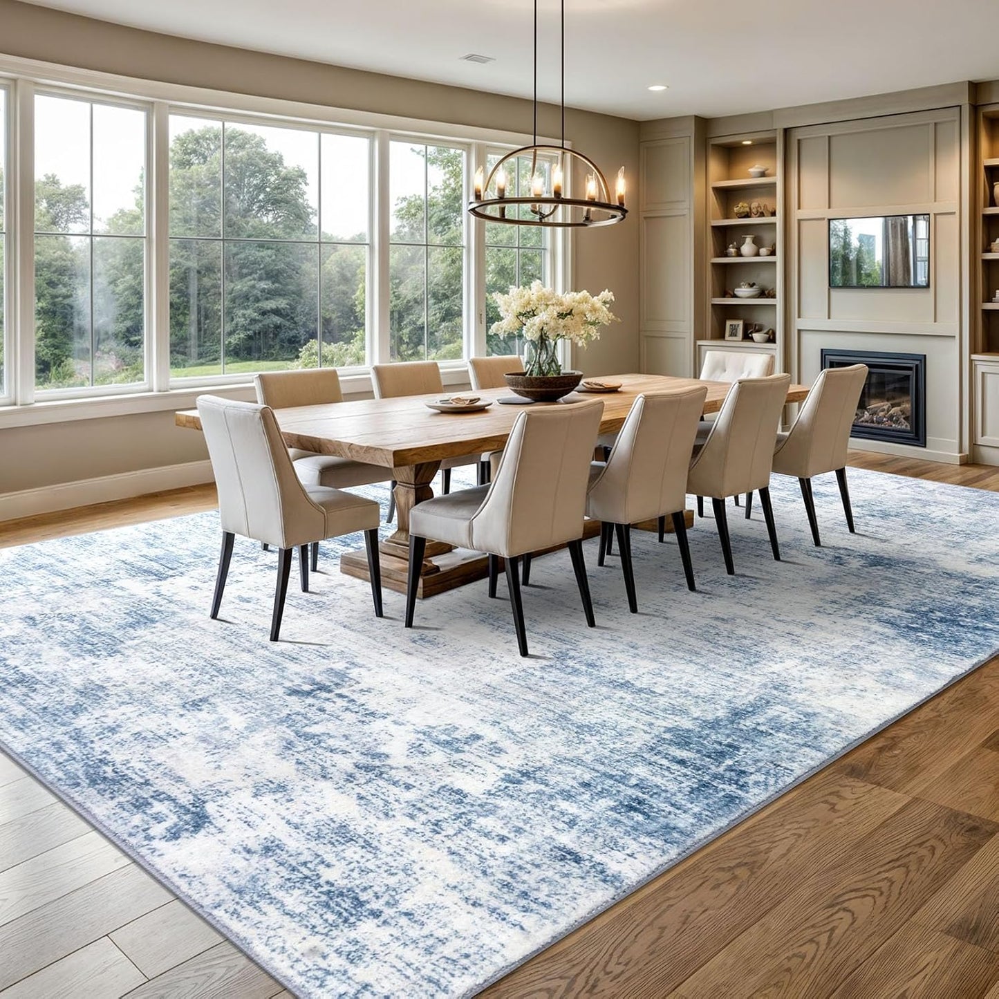 IOHOUZE Abstract Area Rugs 9x12 Ft Washable Large Rugs for Living Room, Non Slip Dining Room Rug, Printed Faux Wool Rugs for Bedroom, Floor Carpet for Office Nursery Playroom, Light Blue White
