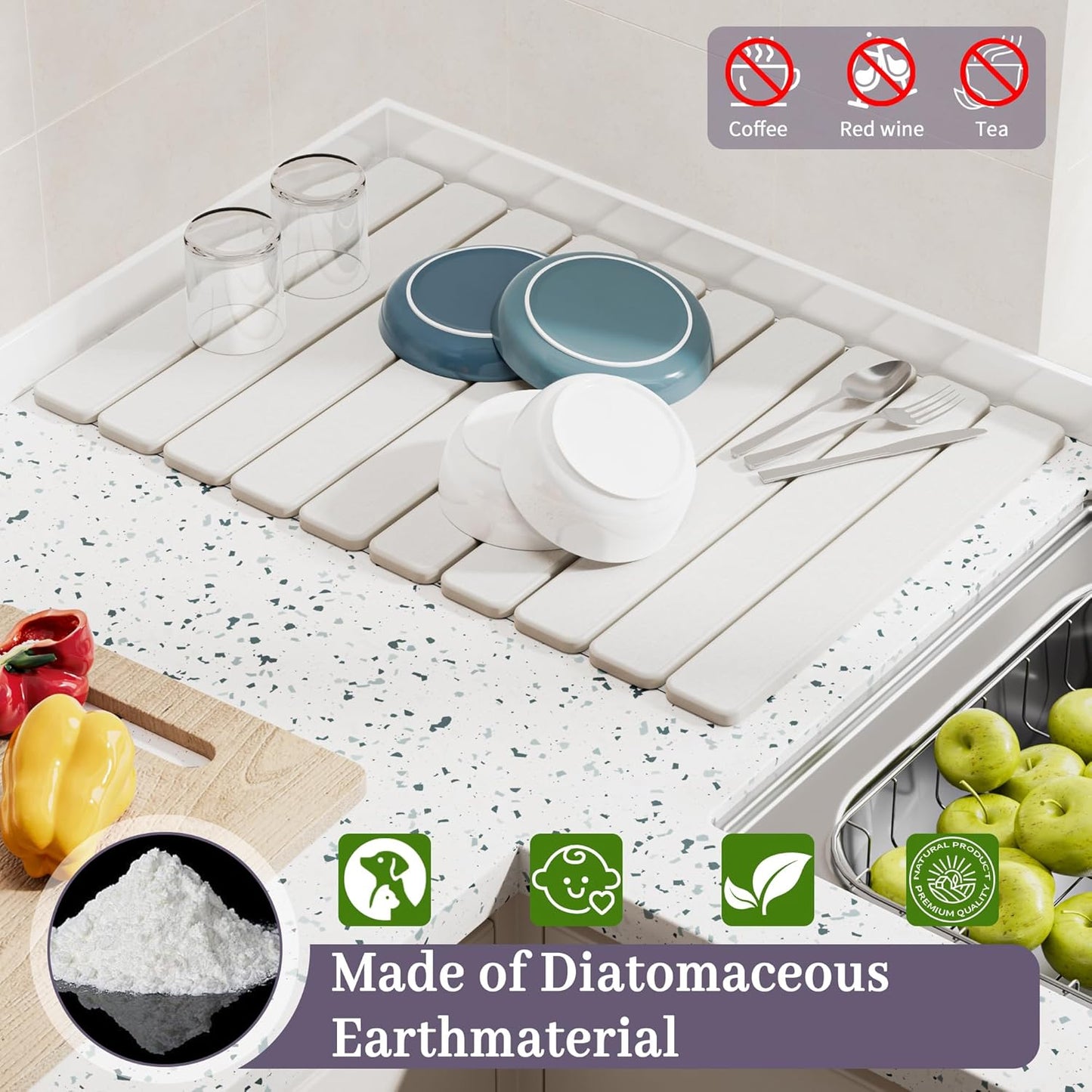 Large Stone Dish Drying Mats for Kitchen Counter – Foldable Quick Dry Stone Mat with Non-Slip Pad & Sandpaper, Super Absorbent Diatomaceous Earth Mat for Dishes and Cups(White 23.5"x15.5")