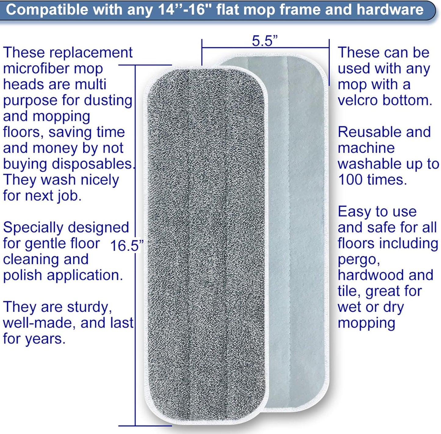 Microfiber Replacement Mop Pads 16.5''x5.5'' Compatible with Most Reveal Mop, 5 Packs Reusable Wet/Dry Floor Cleaning and Scrubbing Mops Refill Fit 14” to 16” Spray Mop Heads