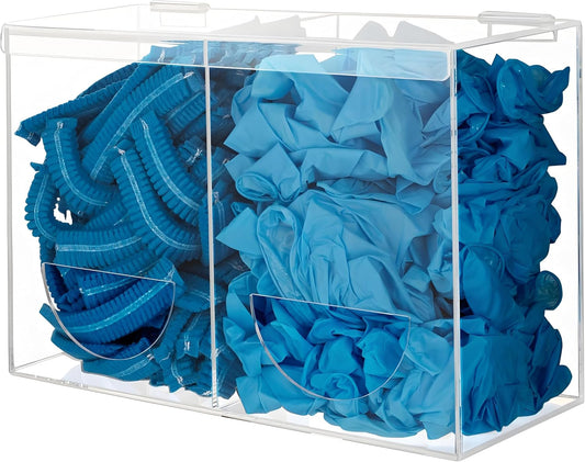 Glove Dispenser Wall Mount - Double Acrylic Hygiene Dispenser Station Holder for Disposable Latex Gloves, Hairnets, Ear Plugs, Laundry Pods, Dishwasher Pods, Dryer Balls, Clear