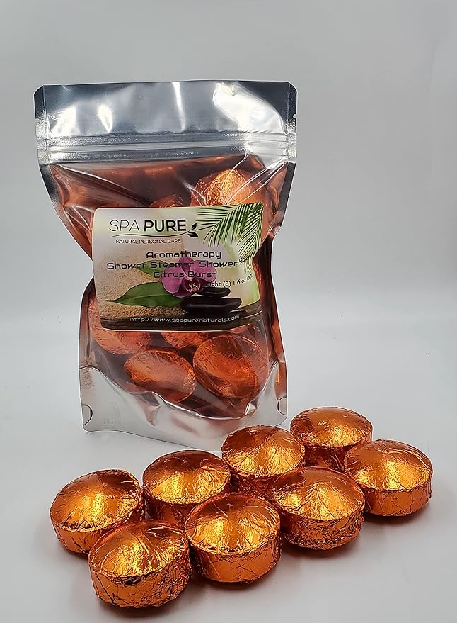 Spa Pure CITRUS Burst Aromatherapy: Shower Bomb Aromatherapy With 100% Natural/Organic Essential Oils - Transform Your Shower - Transform Your Mood (8 Count) Pack of 1