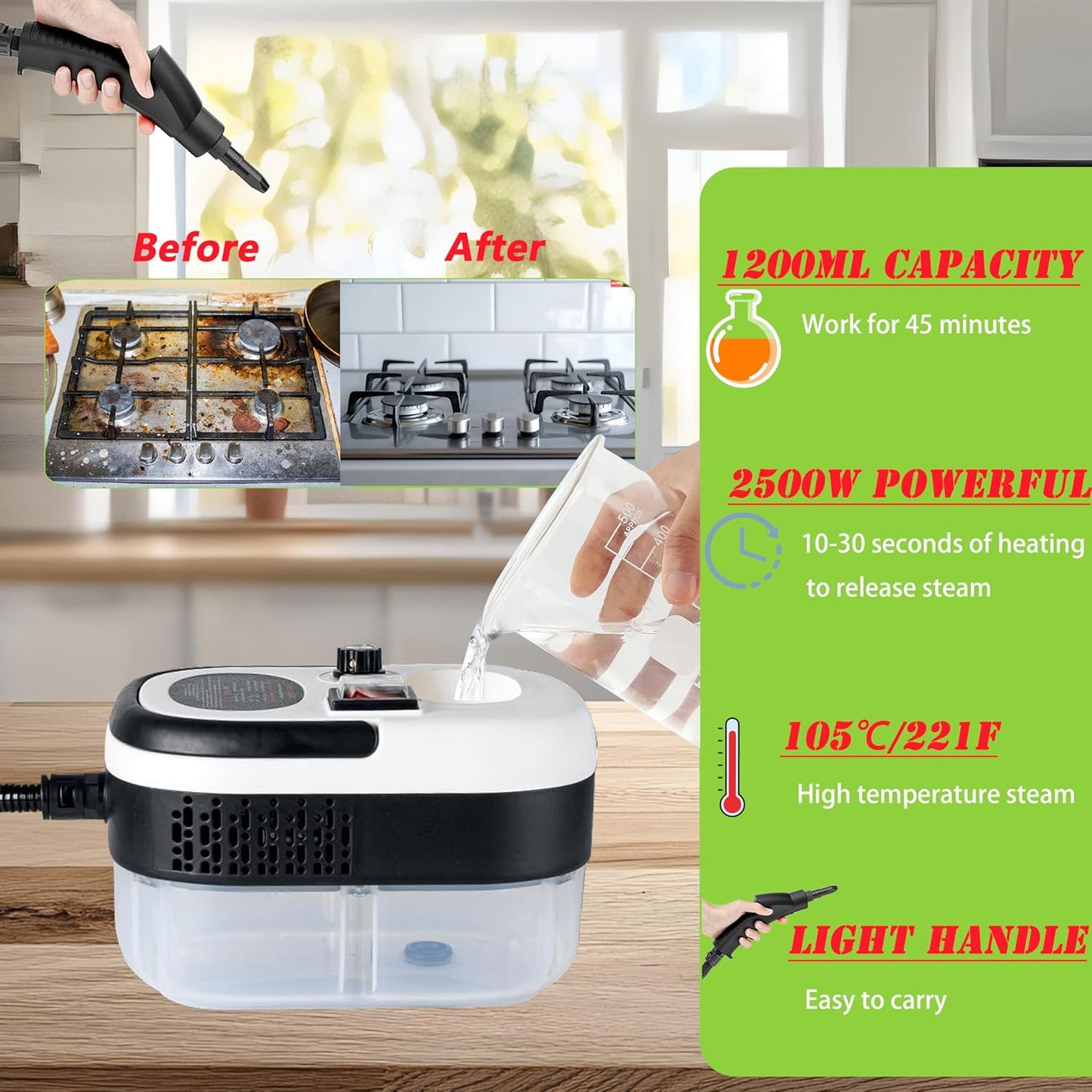 Steam Cleaner Handheld, Portable Steamer Cleaner, 9pcs Fast Heating, 2500W Steamer for Home, Kitchen, Car Details, Window, Grout, Toilet.