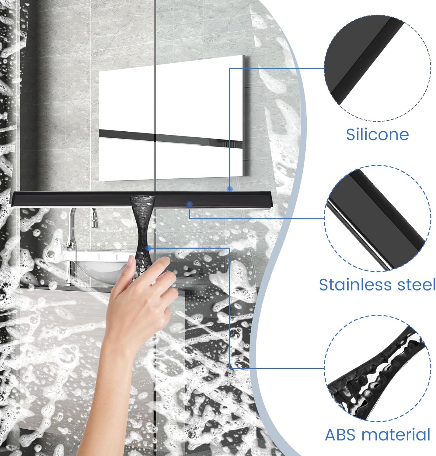 All-Purpose Silicone Shower Squeegee for Shower Glass Door,with 1 Hooks,for Bathroom Glass, Car, Tile Wall, Mirror Cleaning - Flower Shaped Handle for Easy-Grip 10 Inch Black