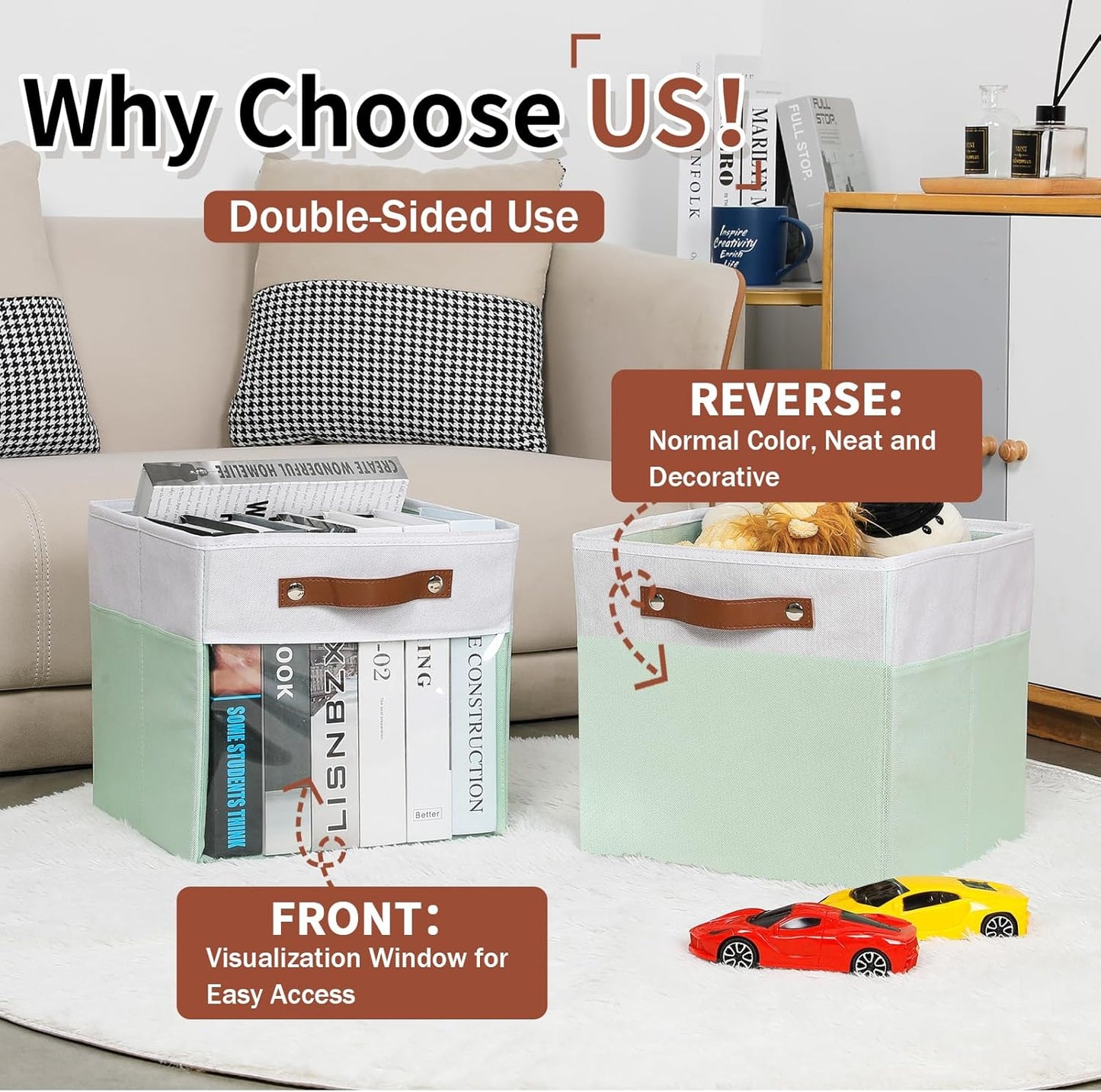 HNZIGE Clear Storage Cubes Bins 11 x 11, Fabric Storage Cube Bins for Storage Organizer,Shelf Storage Bin for Organizing, Cubby Foldable Cube Organizer Bin for Storage Blanket Home(White Green 6PCS)