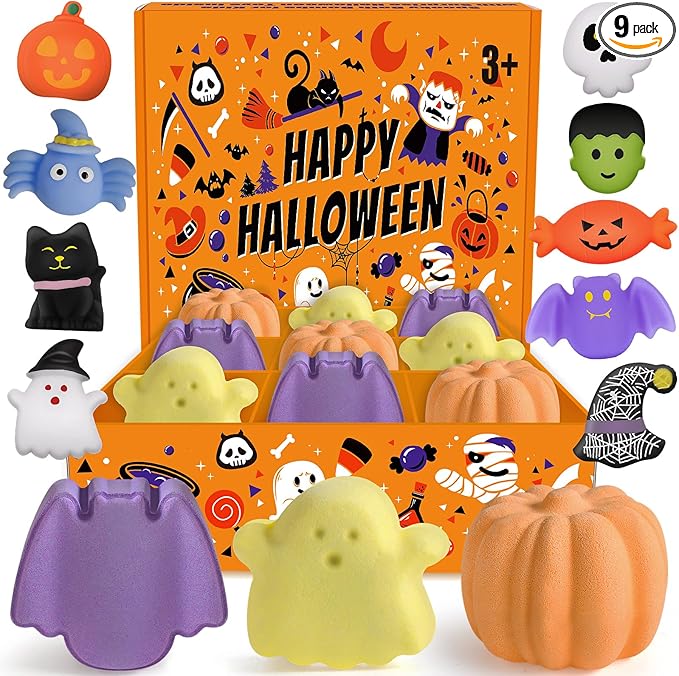 9 Pack Halloween Bath Bombs with Halloween Toys Inside, Halloween Gifts for Kids, Bath Bombs for Kids with Surprise Inside for Girls Boys Halloween Treat Bags Halloween Basket Halloween Party Favors