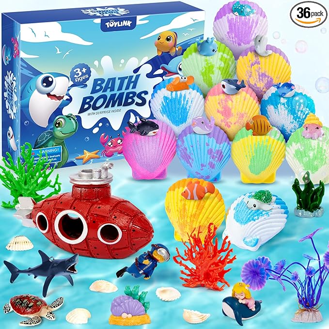 Ocean Bath Bombs for Kids with Toys Inside, 12 Pack Kids Shell Bath Bombs with Surprise Sea Animal Toys for Boys Girls Handmade Bubble Bath Fizzies Birthday Christmas Gift Set