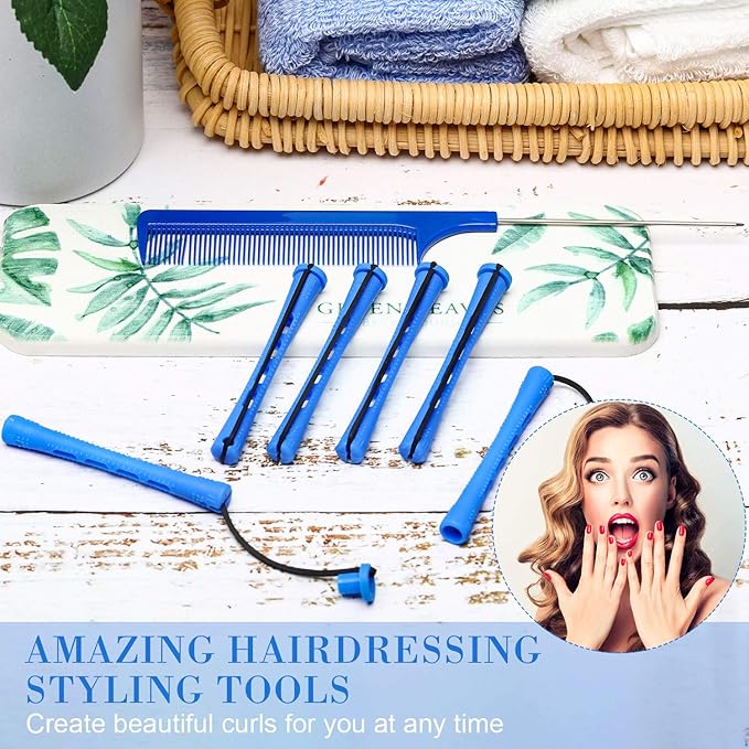 24 Pieces Plastic Hair Perming Rods and Rollers with Steel Pintail Comb for Hairdressing Styling (0.35 Inches, Blue)