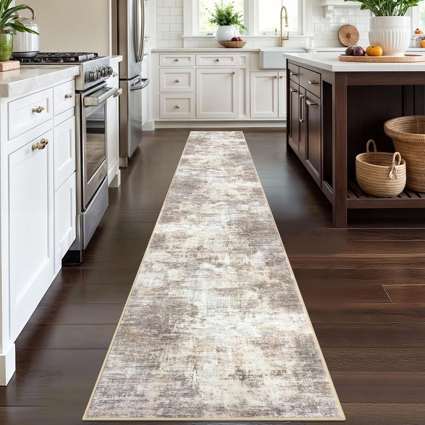 IOHOUZE Abstract Runner Rug 2x12 Ft Washable Runners for Hallways, Non Slip Kitchen Runner Printed Faux Wool Entryway Runner Indoor, Modern Abstract Floor Carpet for Hall Kitchen, Beige Brown