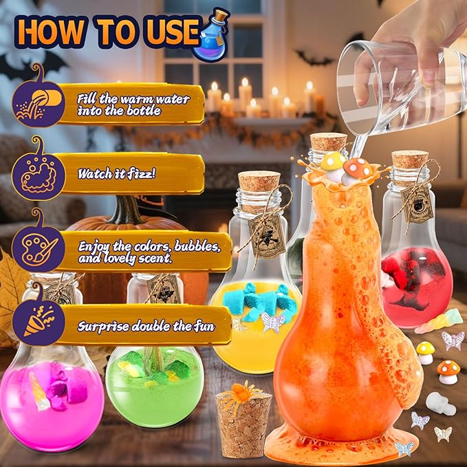 Kids Bath Bomb Potions, 6 Pack – Magic Potion Bubble Bath Bombs with 13 Mini Toy for Toddlers Ages 3-8, Rich in Natural Essential Oils, Science Soap Potion Bottles Kit & Halloween Fizzes Eruption Gift