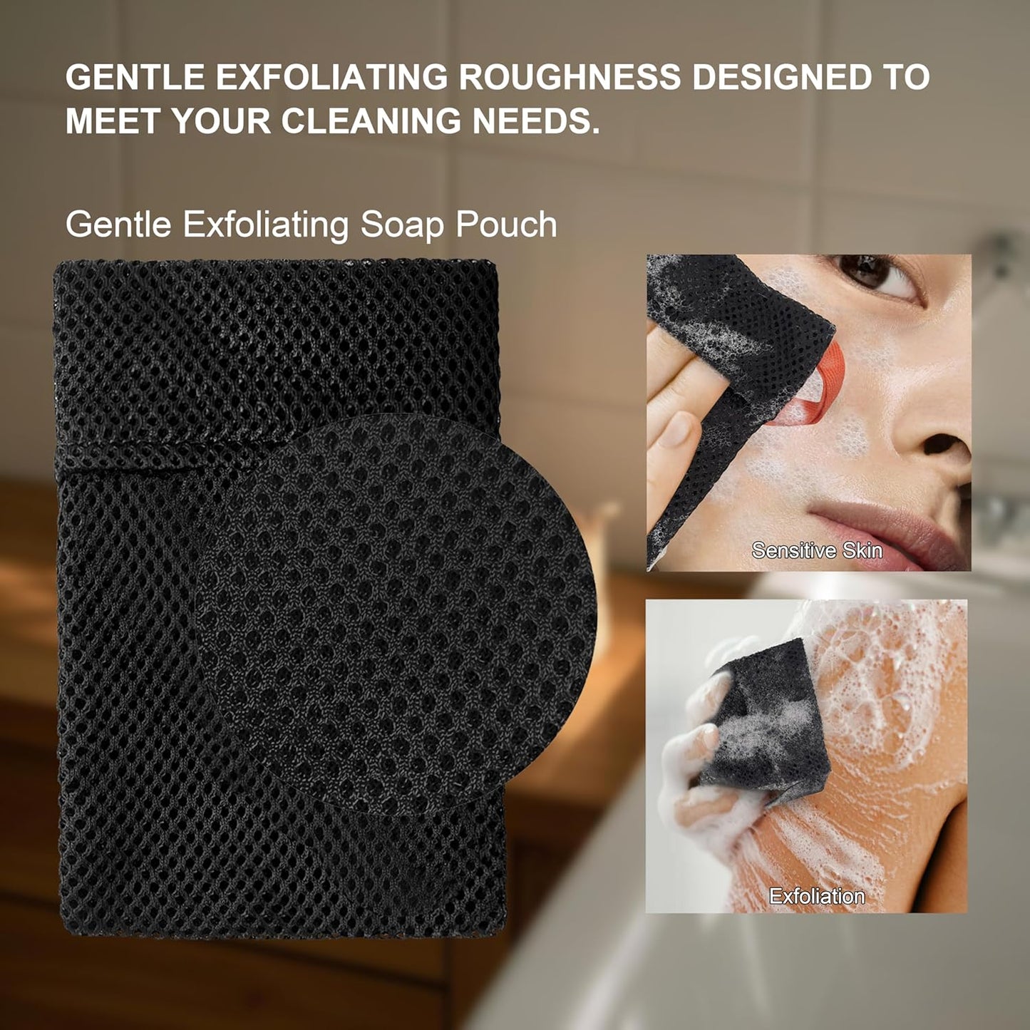 2 Pack Soap Bag Gentle Roughness,Bar Soap Pouch Saver Pocket,Body Scrubber Shower Sponge Loofah,Exfoliating Bath Sponge (Black)